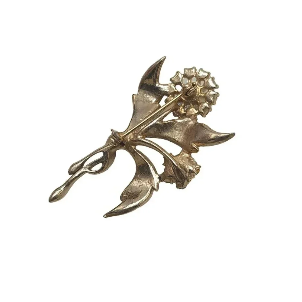 Heavy High Quality Faux Pearl Rhinestone Floral Brooch Pin Gold Tone Vintage